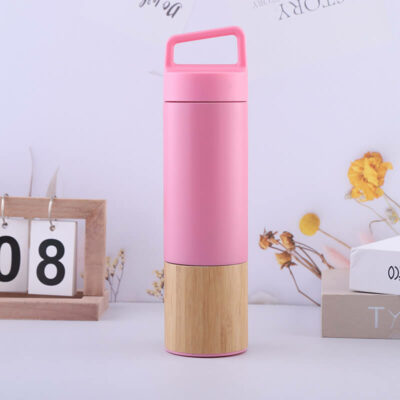 pink color paint reusable bamboo water bottle